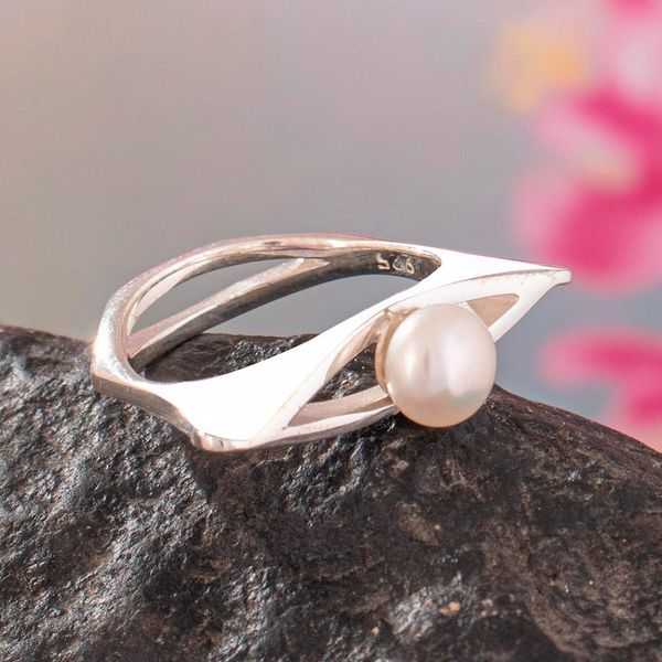 Alternate image for Handmade Sterling Silver Single Stone Ring with White Pearl Pearly Offering
