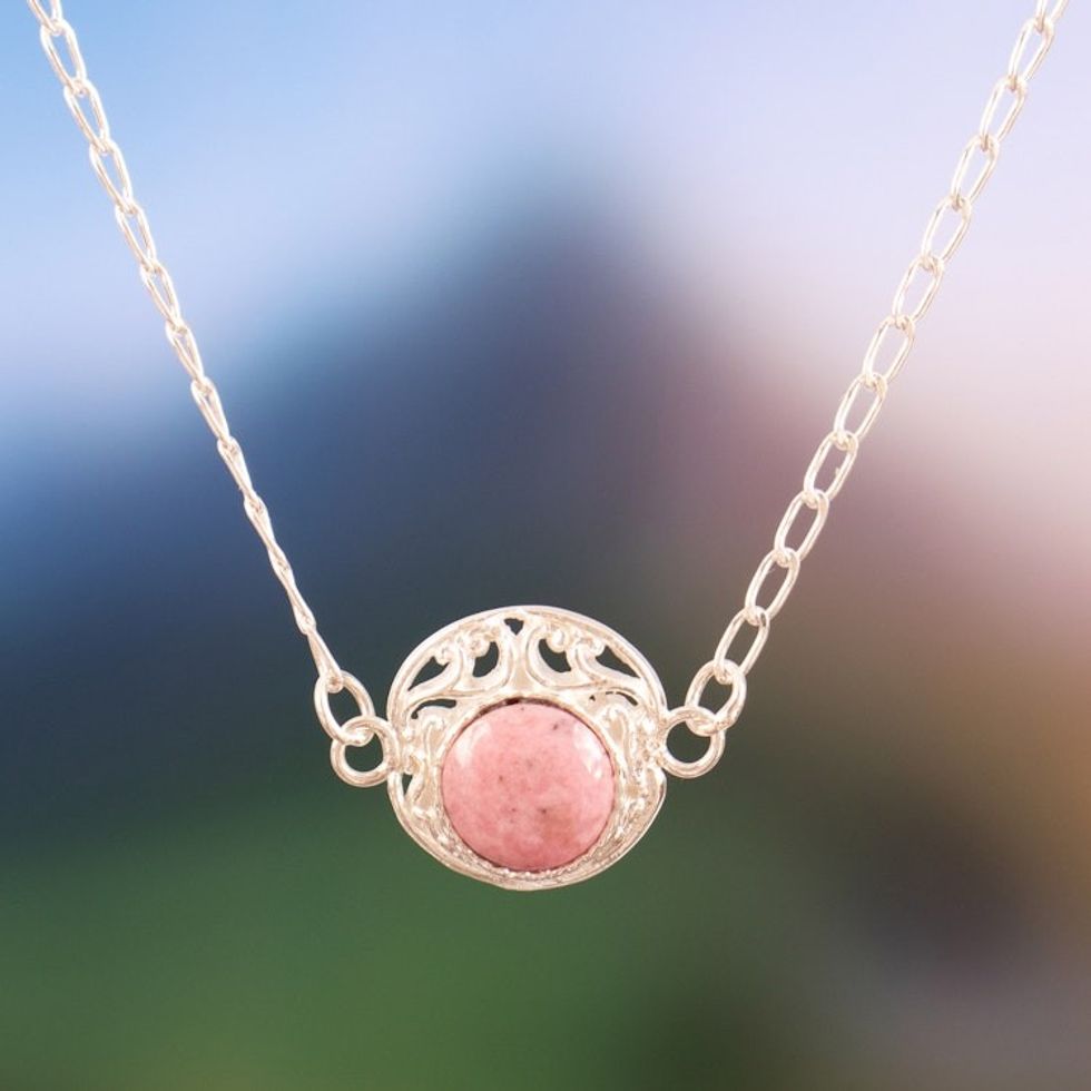 Polished Sterling Silver and Rhodonite Pendant Necklace 'Rose Serenity'