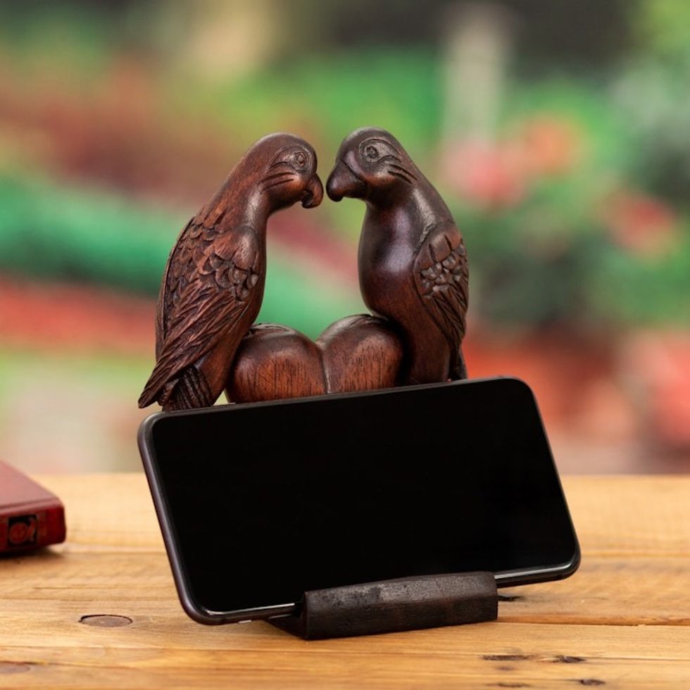 Hand-Carved Cedar Wood Phone Holder of Cockatoos in Love 'Loving Cockatoos'