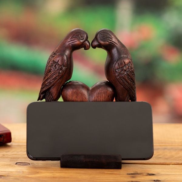Alternate image for Hand-Carved Cedar Wood Phone Holder of Cockatoos in Love Loving Cockatoos