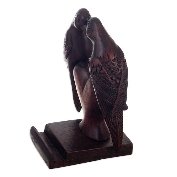 Alternate image for Hand-Carved Cedar Wood Phone Holder of Cockatoos in Love Loving Cockatoos