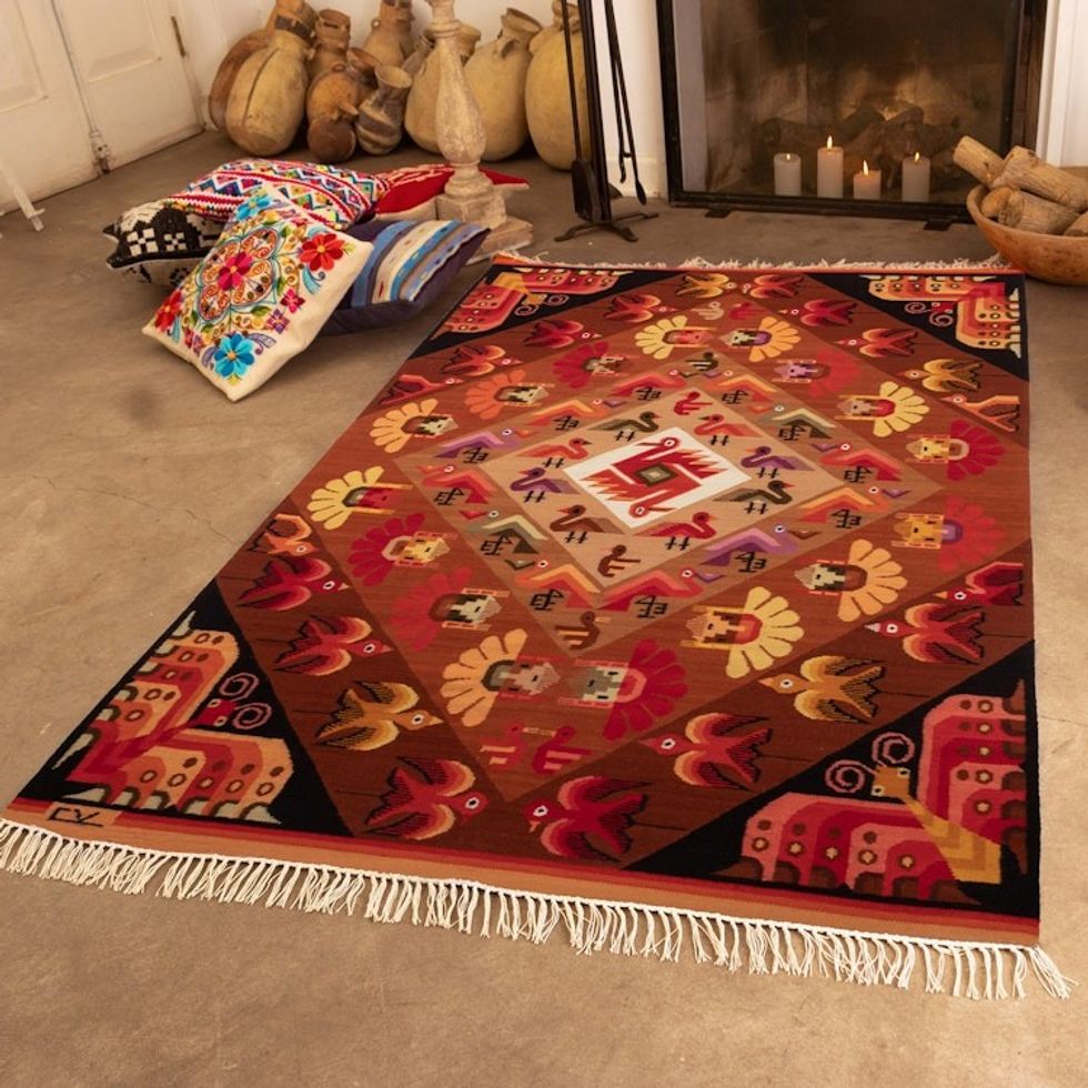 Hand-Woven Wool Bird and Butterfly Themed Area Rug 4x5 'Andean Fauna'