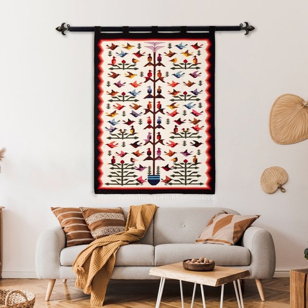 Bird-Themed Wool and Cotton Blend Tapestry from Peru 'Tree of Joy'