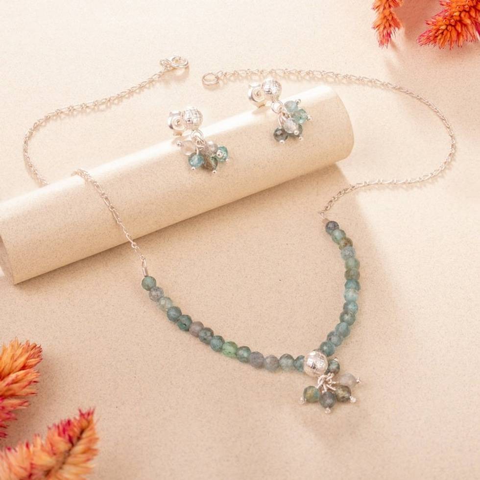 Natural Apatite Beaded Necklace and Earrings Jewelry Set 'Sagacious Breeze'