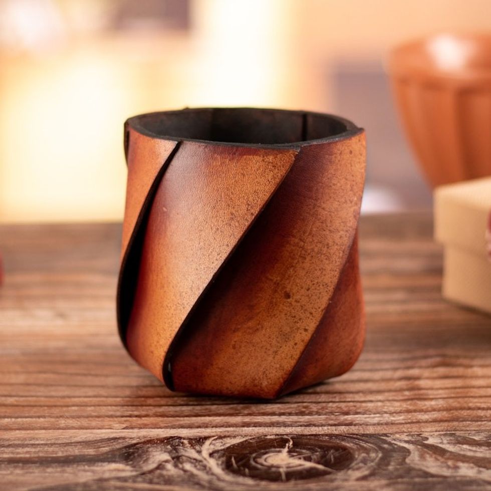 Handcrafted 100 Brown Leather Pencil Holder from Peru 'Classic Days'