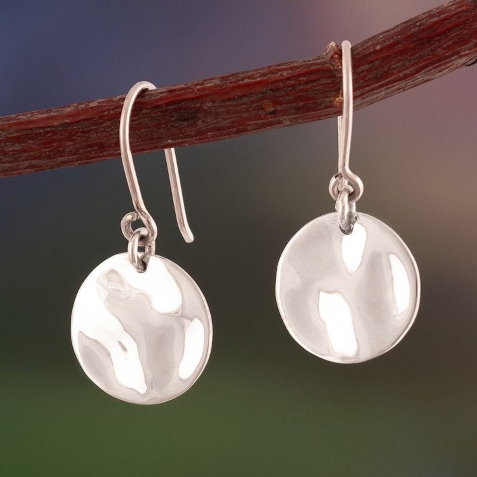 Modern Disc-Shaped Sterling Silver Dangle Earrings from Peru 'Hammered Luster'
