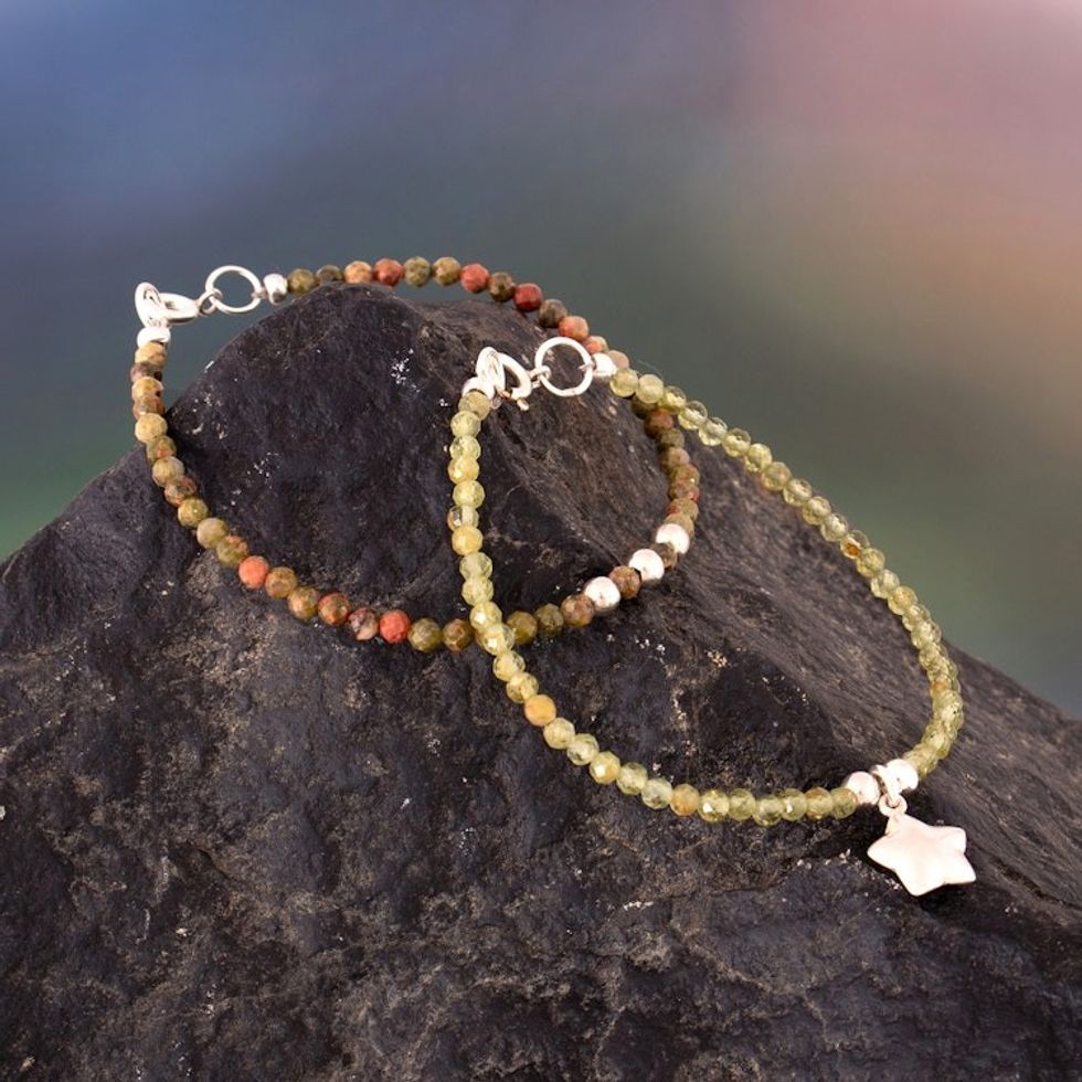2 Peridot Unakite Beaded Bracelets with Silver Star Charm 'Mystic Glow'
