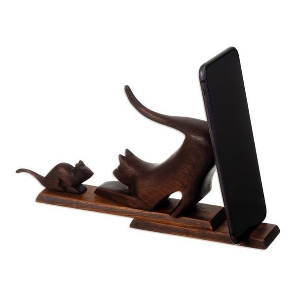 Alternate image for Cat and Mouse Cedar Wood Phone Holder in Dark Brown Hue Helping Buddies