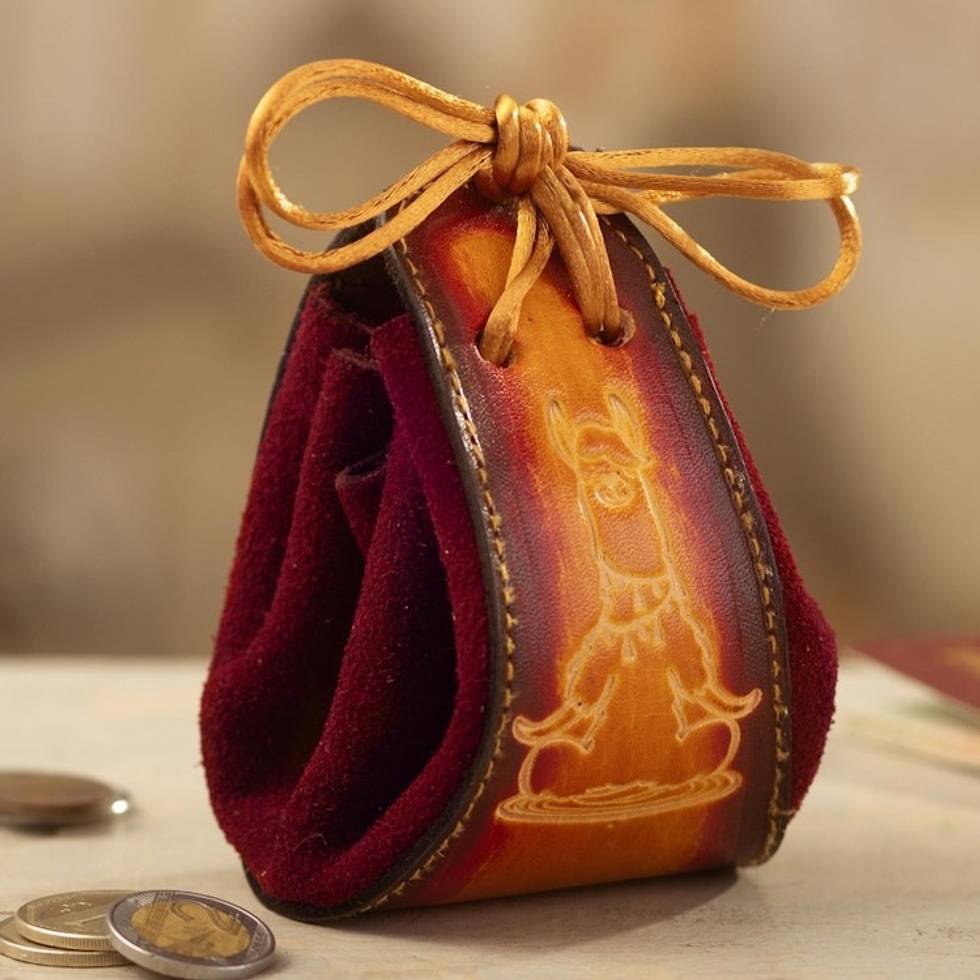 Leather and Suede Llama Coin Purse with Tie Closure 'Prosperous Llama'