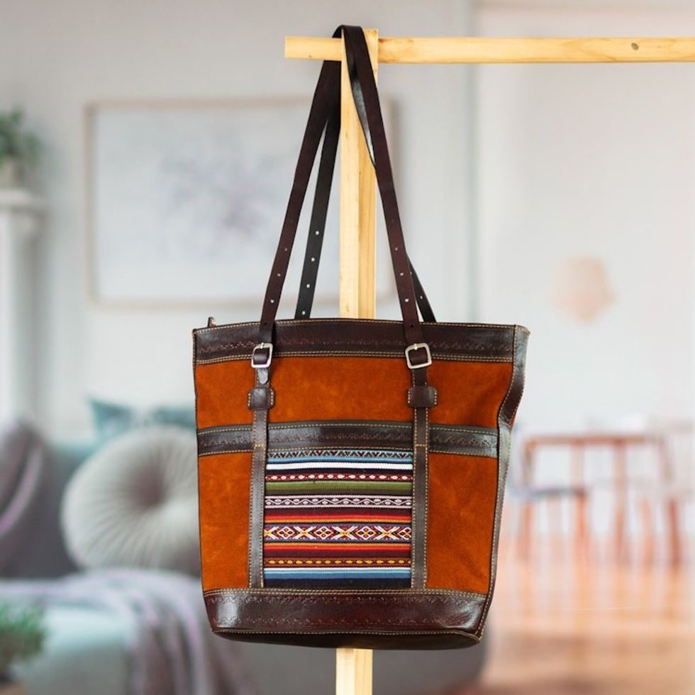 Leather-Accented Suede Shoulder Bag with Andean Textile 'Zanzibar'