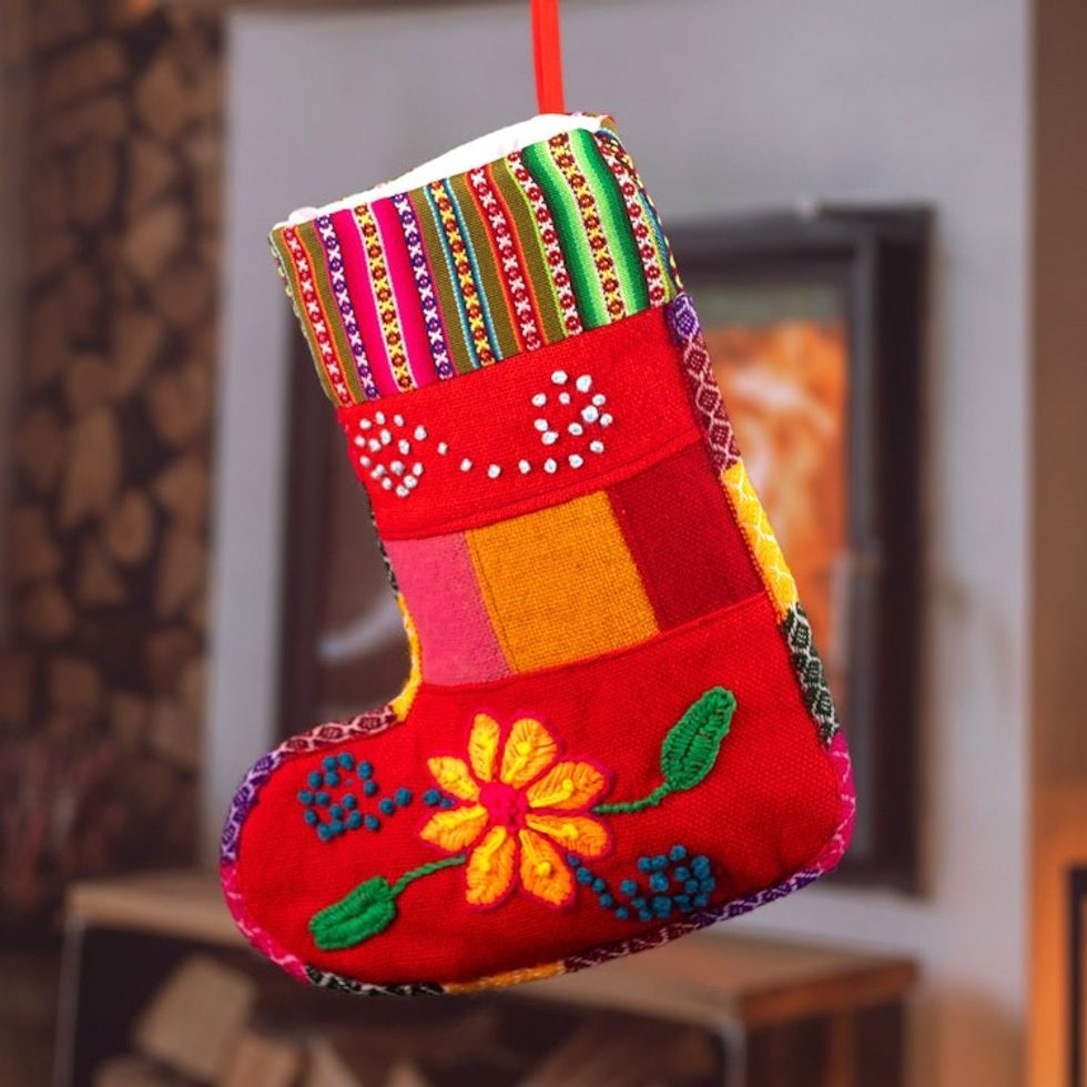 Peruvian Handcrafted Christmas Stocking with Andean Details 'Christmas with Flowers'