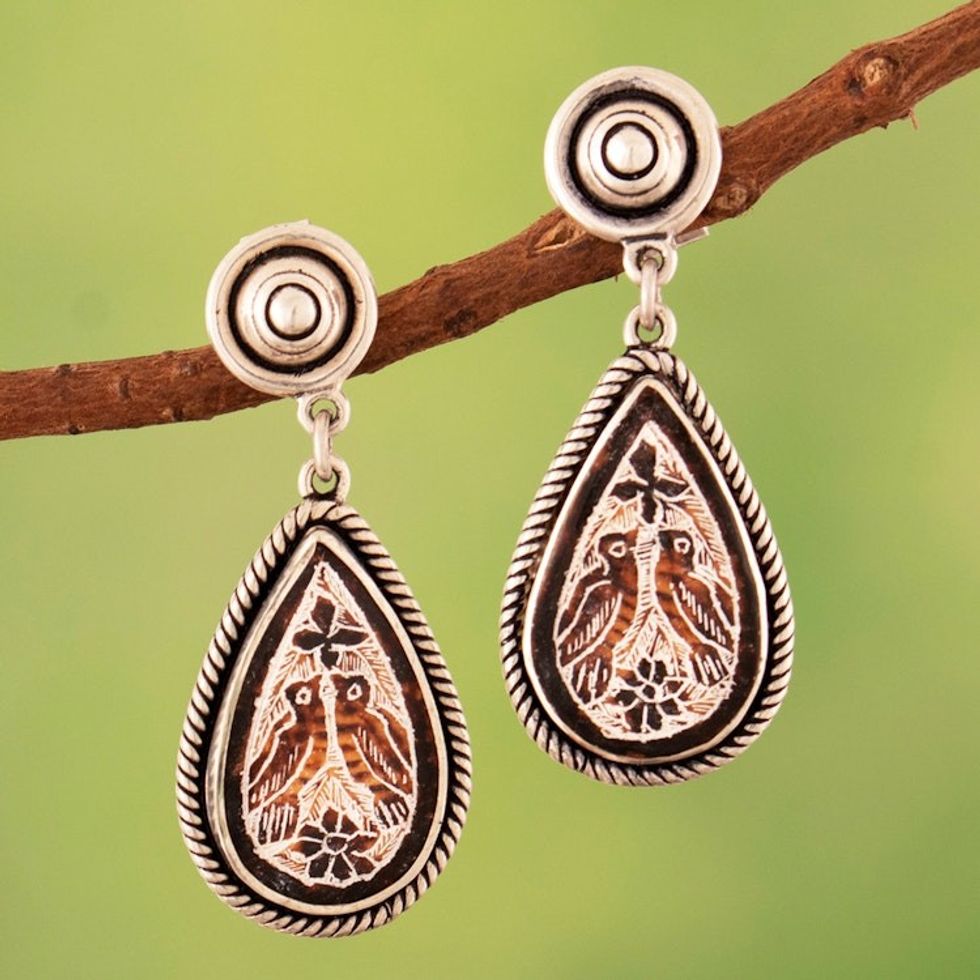 Mate Gourd Oxidized 950 Silver Bird Themed Dangle Earrings 'Andean Birds'