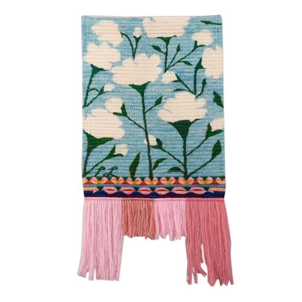 Floral Themed Wool Tapestry Handloomed in Peru 'Roses for You'