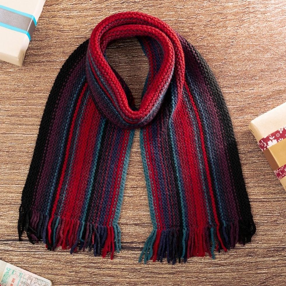 Handloomed Red and Black Fringed Alpaca Blend Scarf 'Romantic Lands'
