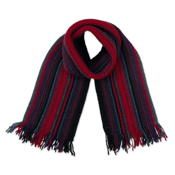 Alternate image for Handloomed Red and Black Fringed Alpaca Blend Scarf Romantic Lands