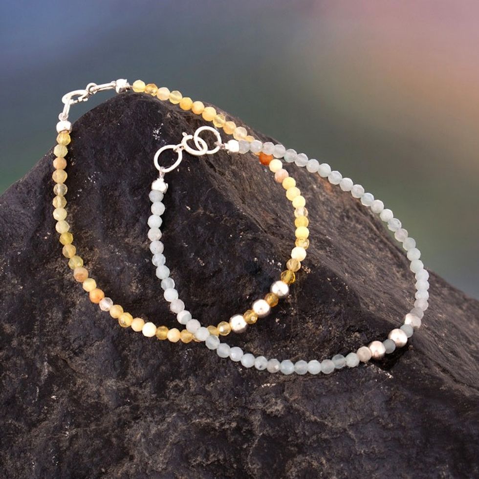 Pair of Opal Aquamarine Silver Beaded Wristband Bracelets 'Tropical Dawn'