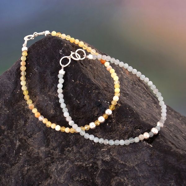 Alternate image for Pair of Opal Aquamarine Silver Beaded Wristband Bracelets Tropical Dawn