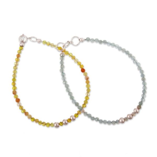 Alternate image for Pair of Opal Aquamarine Silver Beaded Wristband Bracelets Tropical Dawn