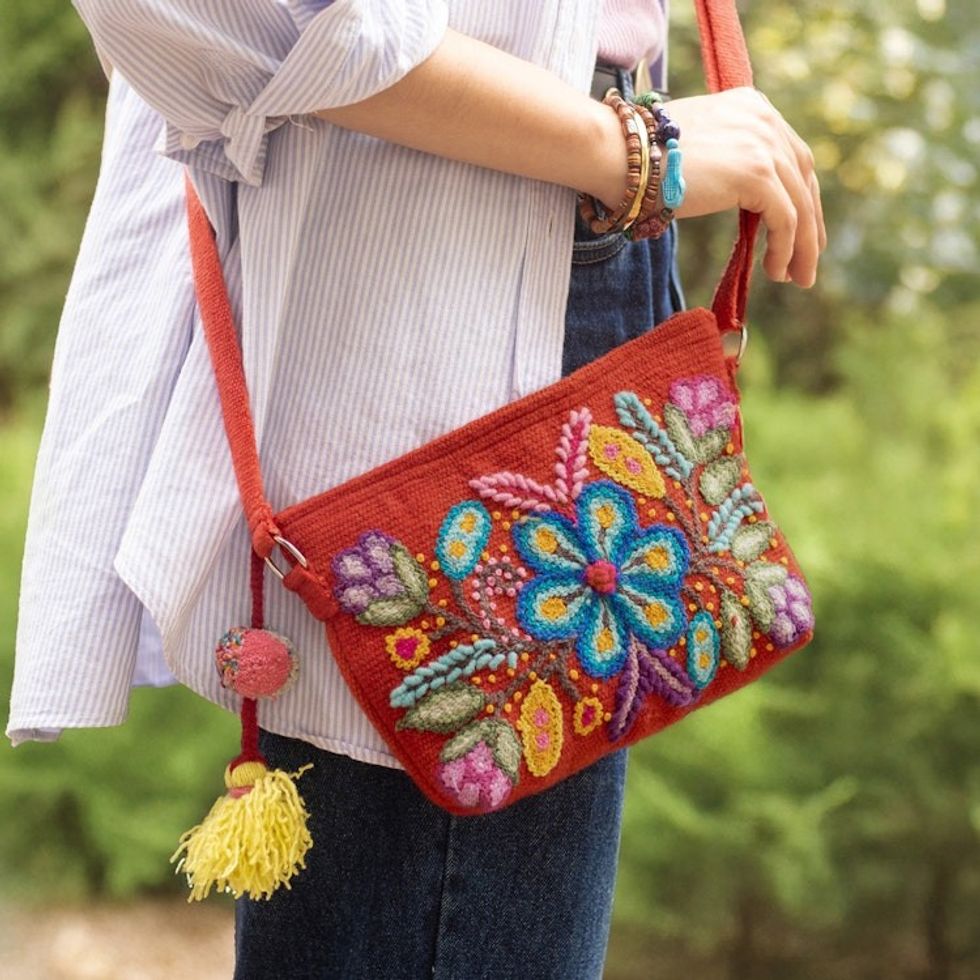 Red Alpaca Sling Bag with Floral Ayacucho-Style Embroidery 'Blooming in Red'