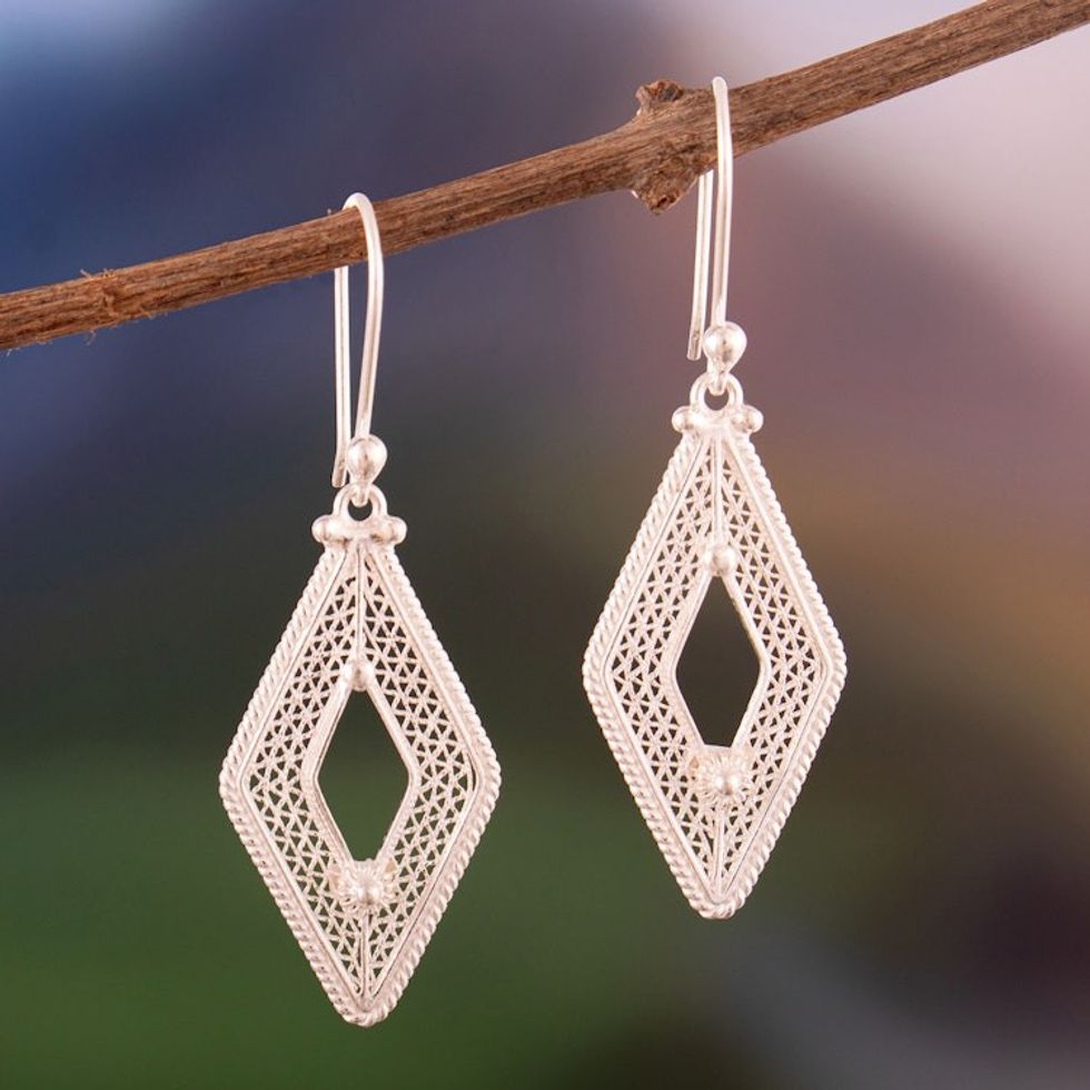 Diamond-Shaped Polished Sterling Silver Filigree Earrings 'Harmonious Threads'