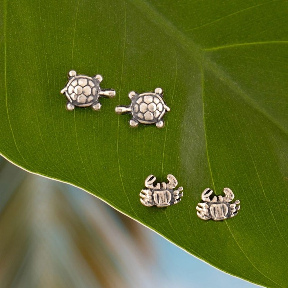 Set of 2 Sea Life Sterling Silver Turtle and Crab Earrings 'Marine Glory'