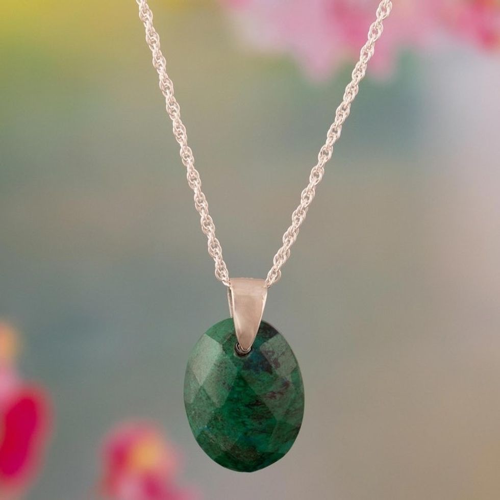 Chrysocolla and Sterling Silver Pendant Necklace from Peru 'Amazon Green'