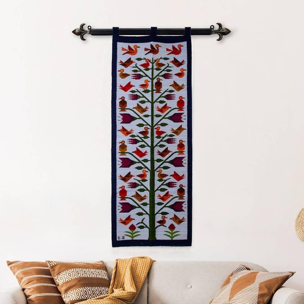 Bird-Themed Handloomed Blue Wool Tapestry Made in Peru 'Birds of the Blue Valley'