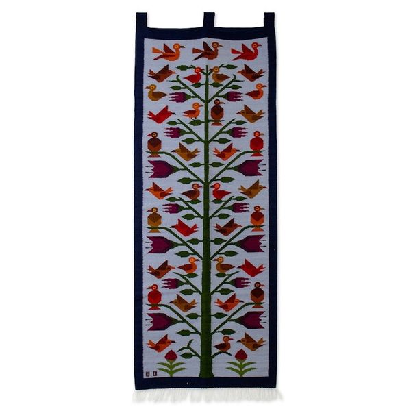 Alternate image for Bird-Themed Handloomed Blue Wool Tapestry Made in Peru Birds of the Blue Valley