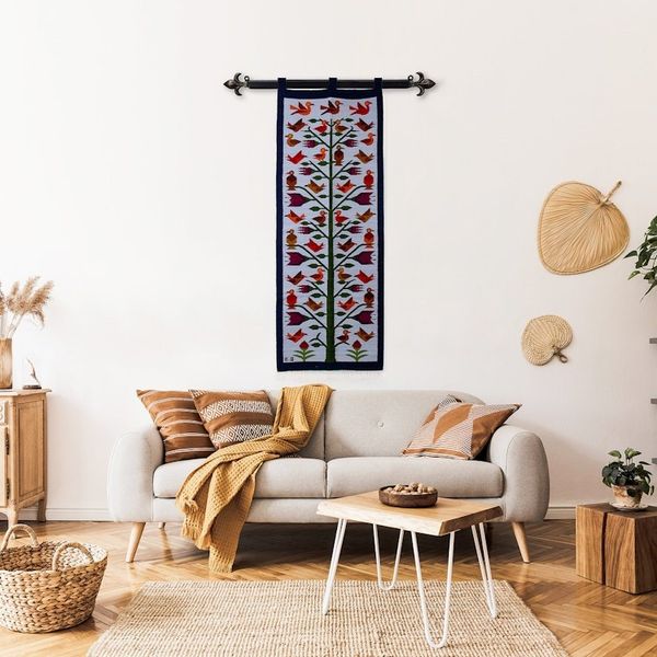 Alternate image for Bird-Themed Handloomed Blue Wool Tapestry Made in Peru Birds of the Blue Valley