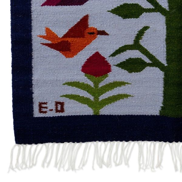 Alternate image for Bird-Themed Handloomed Blue Wool Tapestry Made in Peru Birds of the Blue Valley