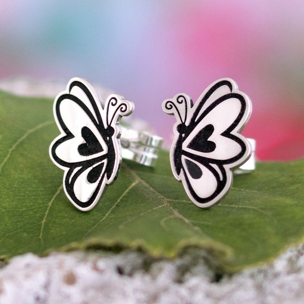 Artisan Crafted Silver Butterfly Theme Button Earrings 'Butterfly Sketch'