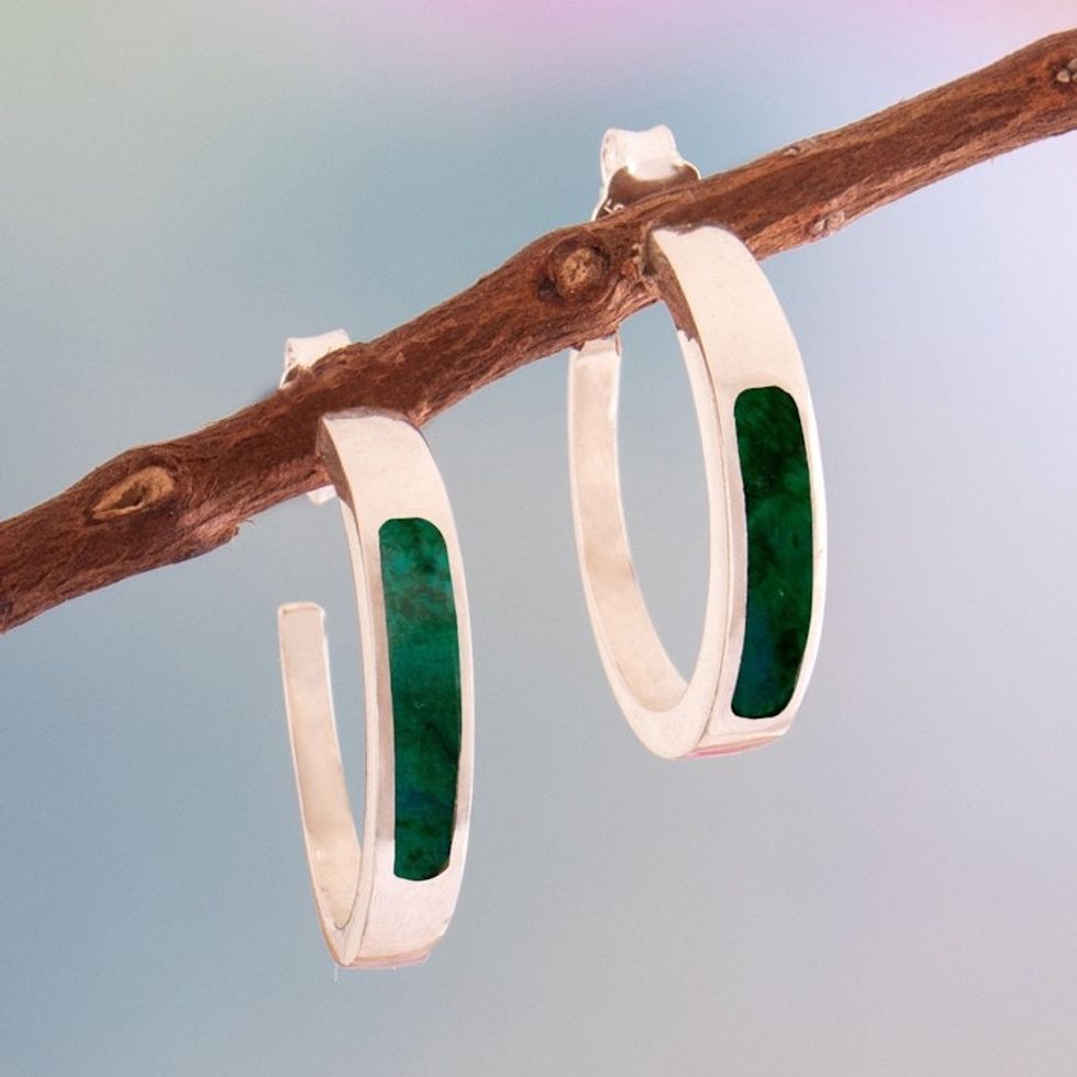 Silver Half-Hoop Earrings with Inlaid Chrysocolla Gemstone 'Dual Enchantment'