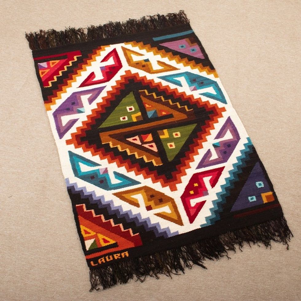 Wool and Cotton Blend Area Rug Hand-Woven in Peru 3x4 'Crab and Fish'