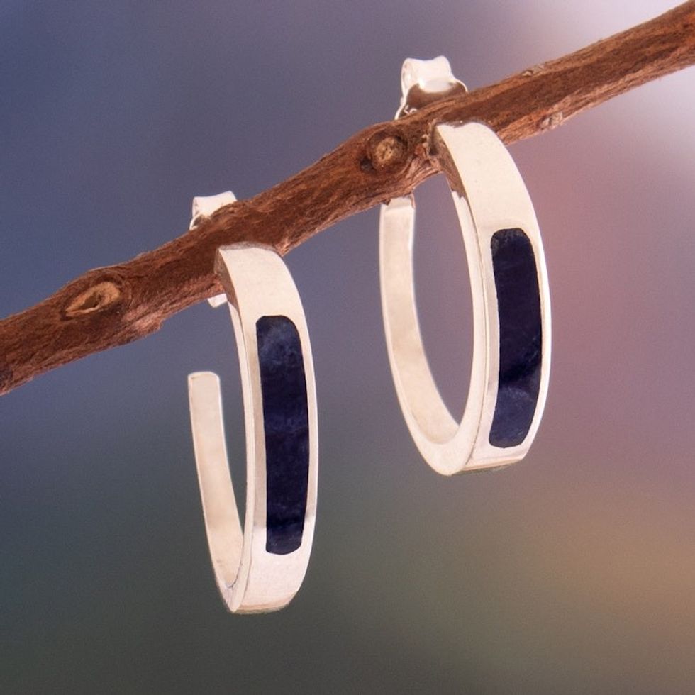 Silver Half-Hoop Earrings with Inlaid Sodalite Stone 'Dual Enchantment'