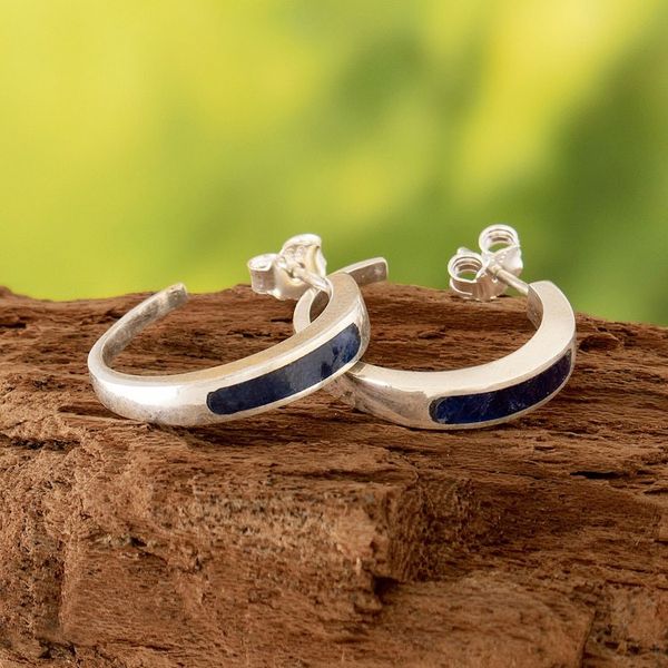 Alternate image for Silver Half-Hoop Earrings with Inlaid Sodalite Stone Dual Enchantment