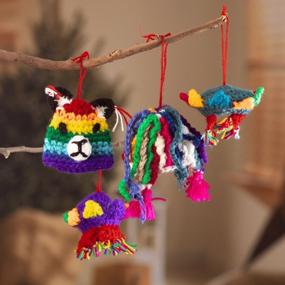 Crocheted Andean Ornaments with Rainbow Hats Set of 4 'Rainbow Andean Tradition'