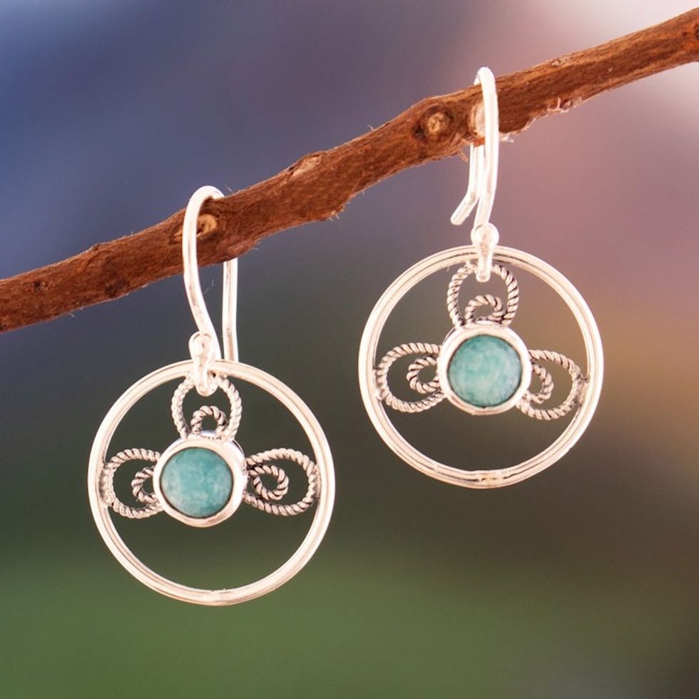 Clover-Themed Round Natural Green Agate Dangle Earrings 'New Luck'