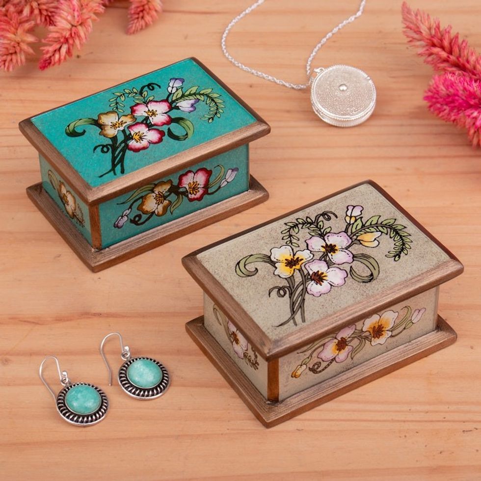 2 Floral-Themed Reverse Painted Glass Decorative Boxes 'Petite Garden'