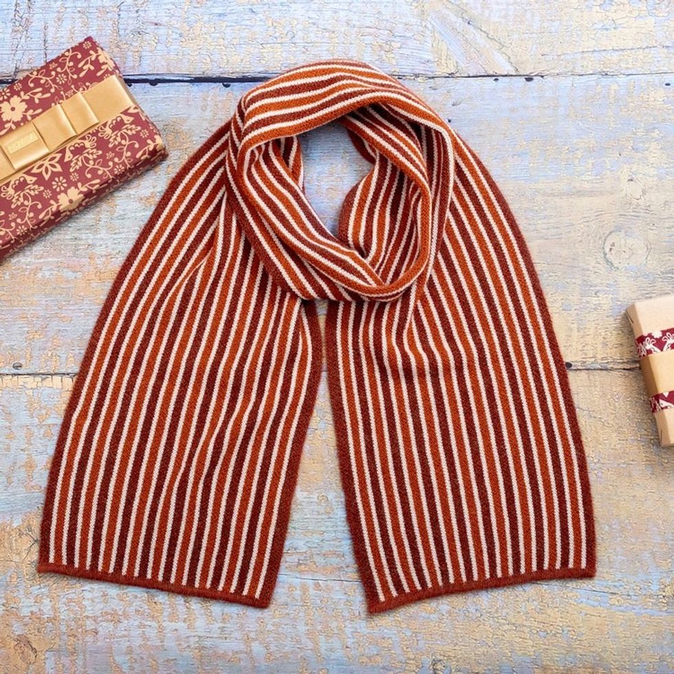 Soft Striped 100 Alpaca Scarf in Sunrise and Copper Hues 'Autumn Paths'
