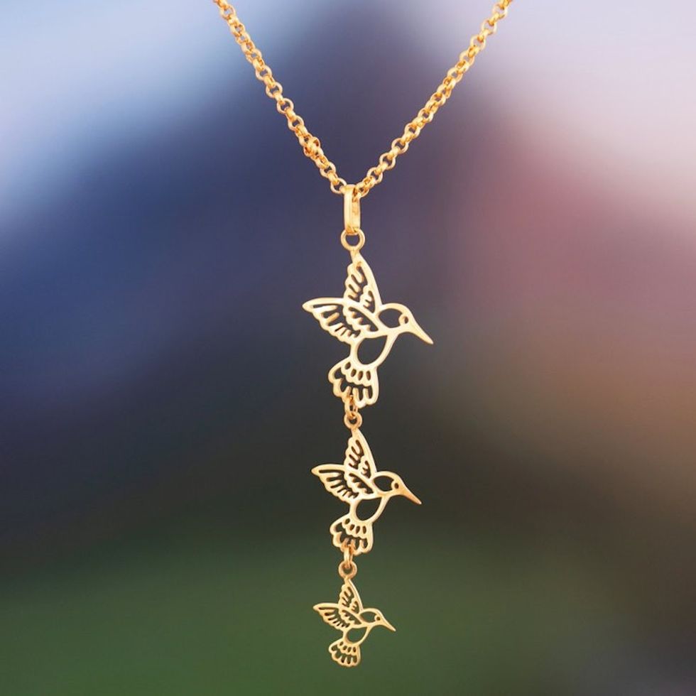 18k Gold-Plated Hummingbird Pendant Necklace from the Andes 'Hummingbird Dance'