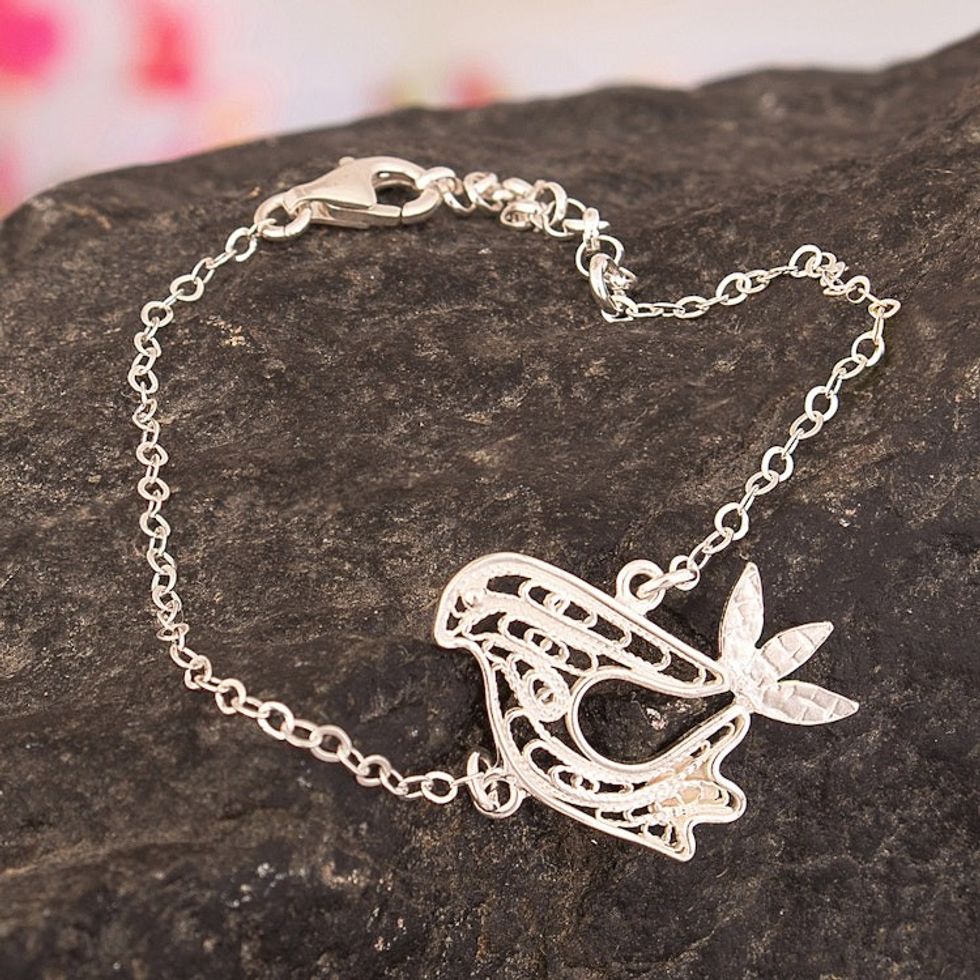 Polished Sterling Silver Filigree Bracelet with Dove Pendant 'World Peace in Flight'
