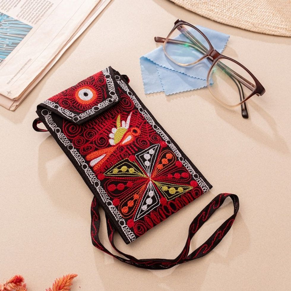 Andean-Themed Embroidered Eyeglasses Case Bag in Red Hues 'Imperial Red'