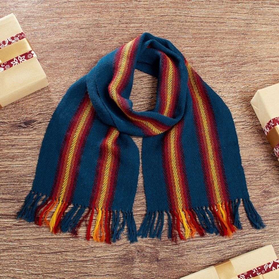 Striped Fringed Hand-Woven 100 Alpaca Scarf in Blue and Red 'Andean Elegance'