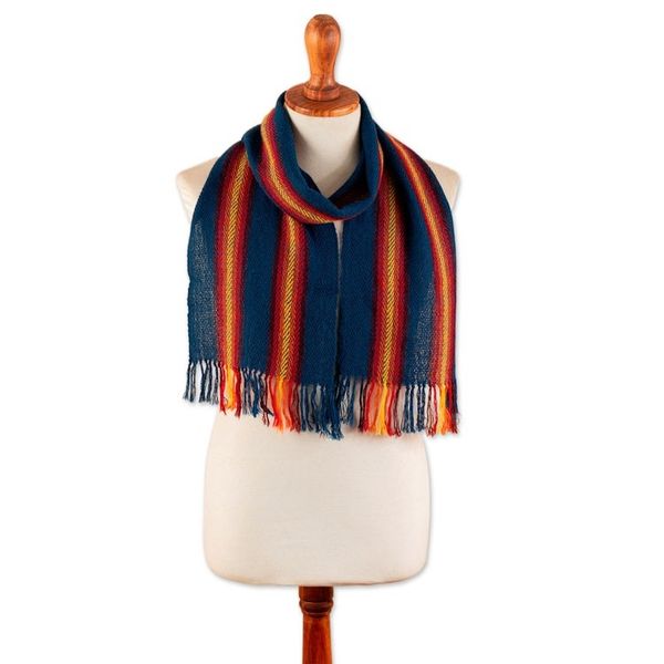 Alternate image for Striped Fringed Hand-Woven 100 Alpaca Scarf in Blue and Red Andean Elegance