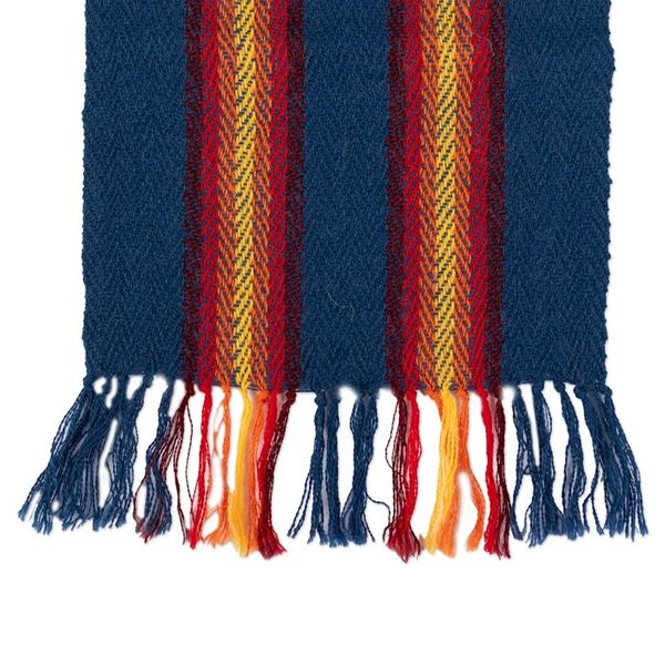 Alternate image for Striped Fringed Hand-Woven 100 Alpaca Scarf in Blue and Red Andean Elegance
