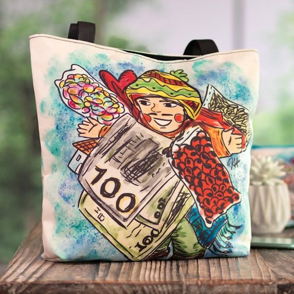 Alternate image for Tote Bag with Frugal Ekeko Print and Zippered Closure Frugal Celebration