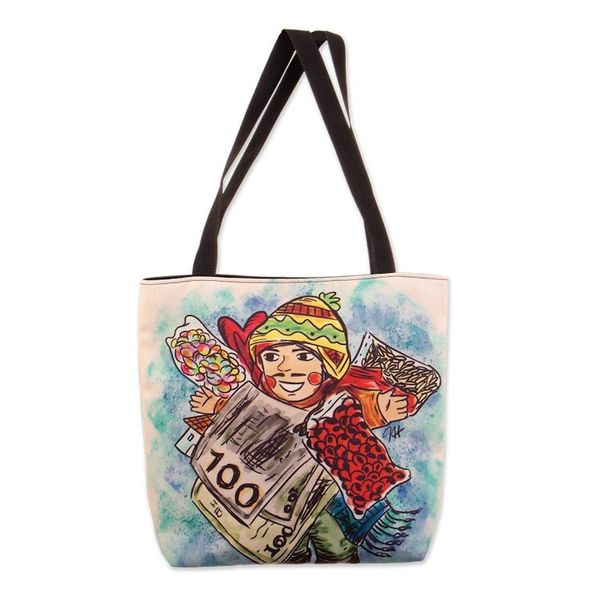 Alternate image for Tote Bag with Frugal Ekeko Print and Zippered Closure Frugal Celebration