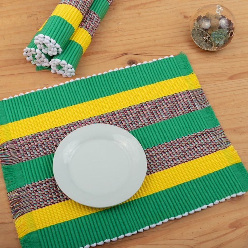 Set of 4 Handwoven Striped Viridian Cotton Blend Placemats 'Viridian Gathering'