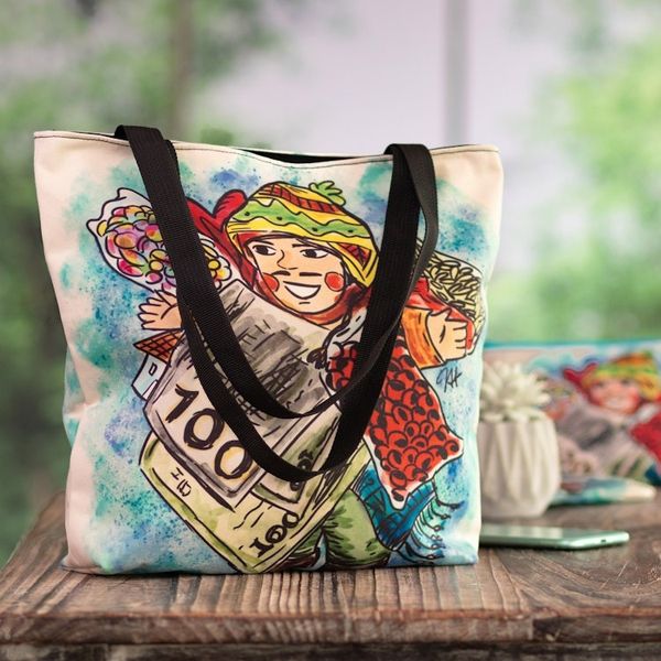 Alternate image for Tote Bag with Frugal Ekeko Print and Zippered Closure Frugal Celebration