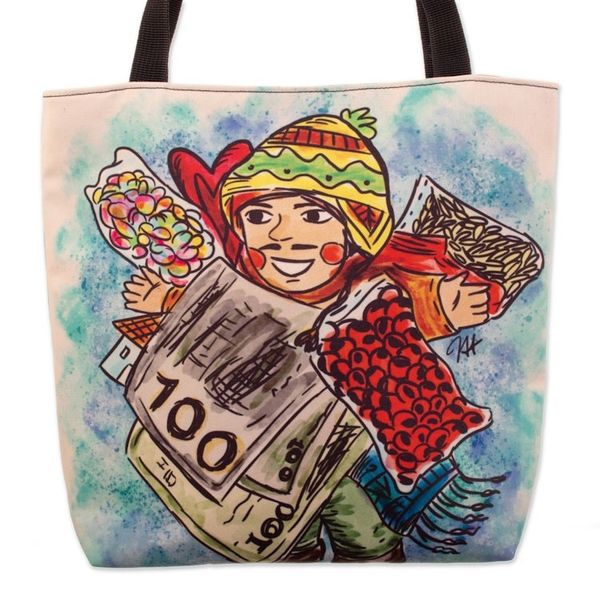 Alternate image for Tote Bag with Frugal Ekeko Print and Zippered Closure Frugal Celebration